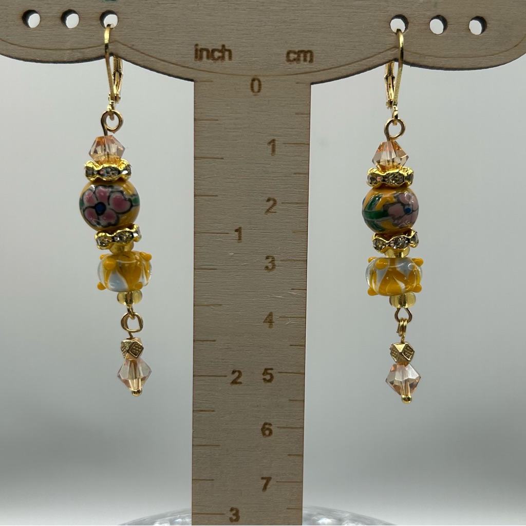 Wedding Cake Painted Floral Beads Crystal Beaded Dangle Floral Earrings 25$